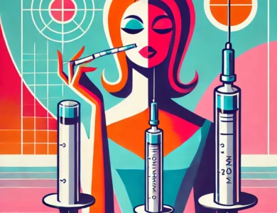 DALL·E 2024-12-18 18.07.08 - A vibrant, retro-inspired illustration in 1960s UPA studio style featuring a stylized iconic female character interacting with two medical injection p.webp